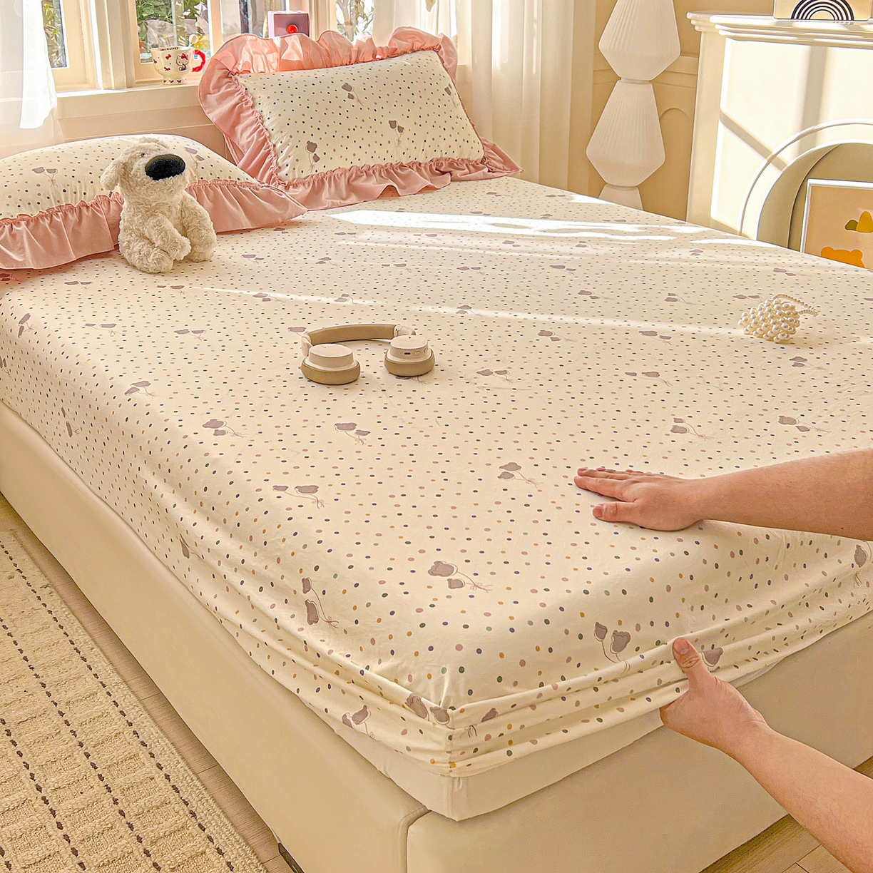 91家纺网 家纺一手货源 找家纺 富米莱单品馆 2026新款古法水洗仿棉床笠席梦思床罩杀床垫防滑罩床套罩床笠三件套 波点汽球