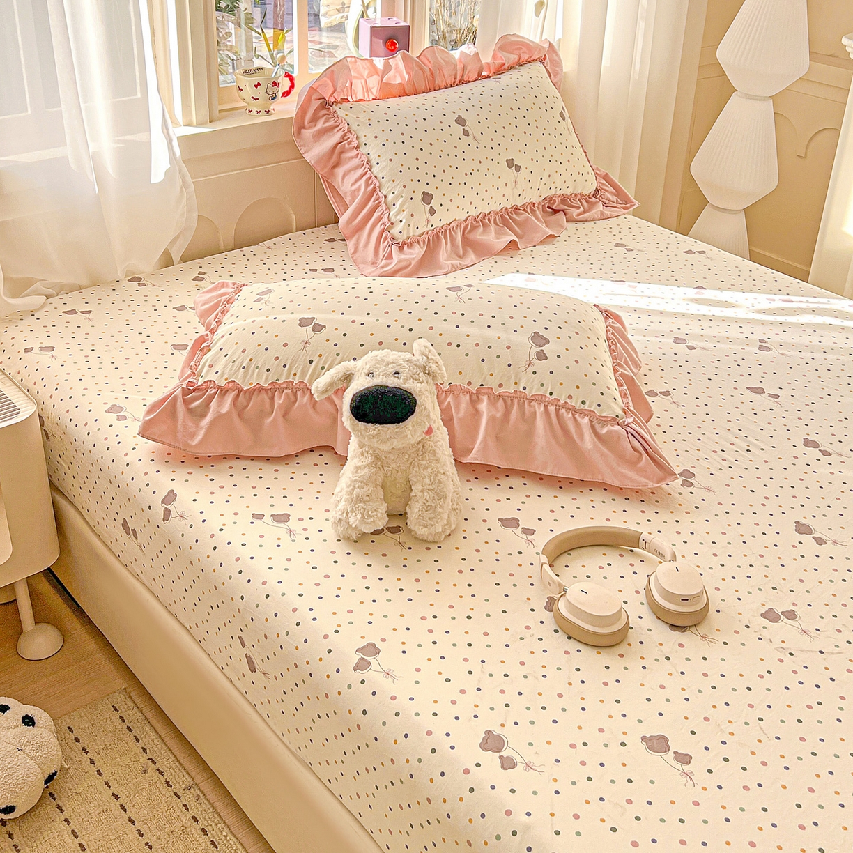 91家纺网 家纺一手货源 找家纺 富米莱单品馆 2026新款古法水洗仿棉床笠席梦思床罩杀床垫防滑罩床套罩床笠三件套 波点汽球