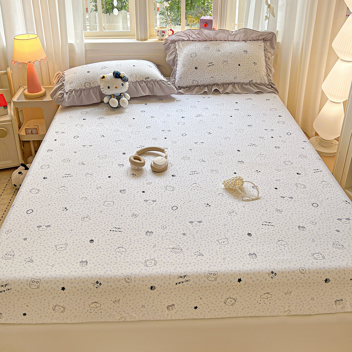 91家纺网 家纺一手货源 找家纺 富米莱单品馆 2026新款古法水洗仿棉床笠席梦思床罩杀床垫防滑罩床套罩床笠三件套 耳机猫猫