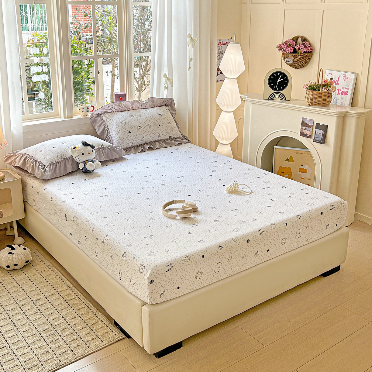 91家纺网 家纺一手货源 找家纺 富米莱单品馆 2026新款古法水洗仿棉床笠席梦思床罩杀床垫防滑罩床套罩床笠三件套 耳机猫猫