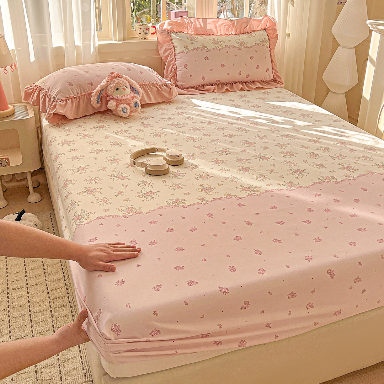 富米莱单品馆 2026新款古法水洗仿棉床笠席梦思床罩杀床垫防滑罩床套罩床笠三件套 玫瑰庄园