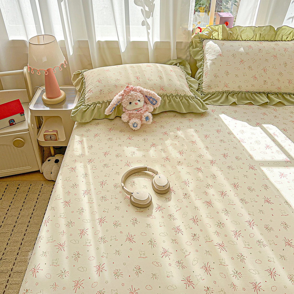 91家纺网 家纺一手货源 找家纺 富米莱单品馆 2026新款古法水洗仿棉床笠席梦思床罩杀床垫防滑罩床套罩床笠三件套 烟火气星辰