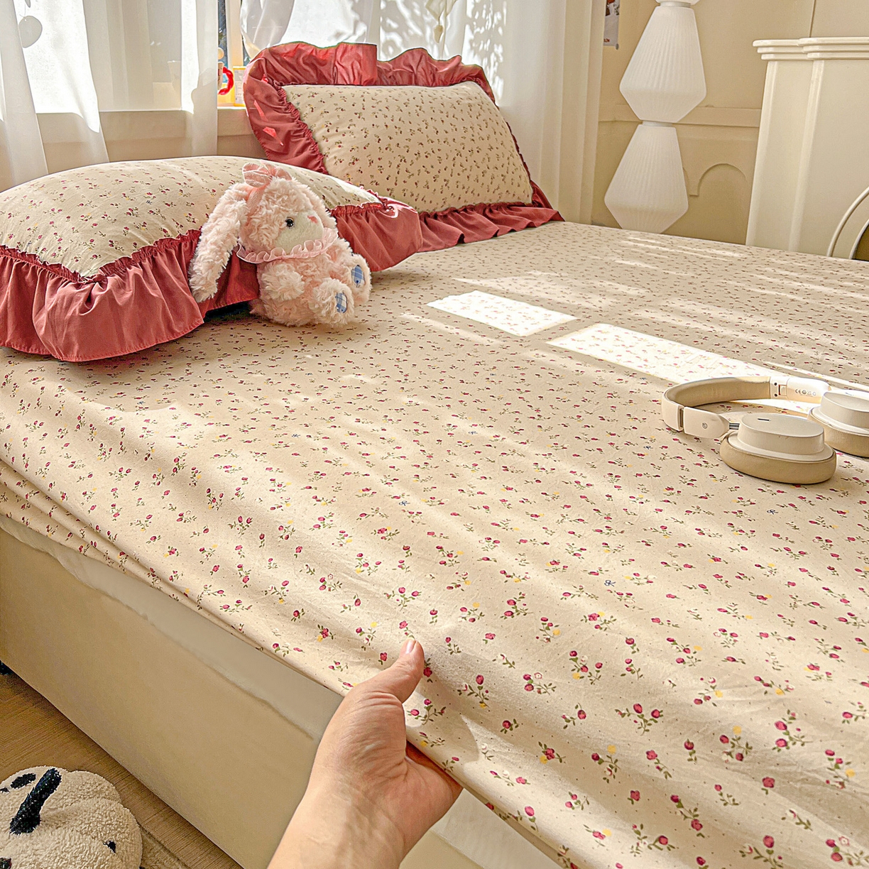 91家纺网 家纺一手货源 找家纺 富米莱单品馆 2026新款古法水洗仿棉床笠席梦思床罩杀床垫防滑罩床套罩床笠三件套 花影