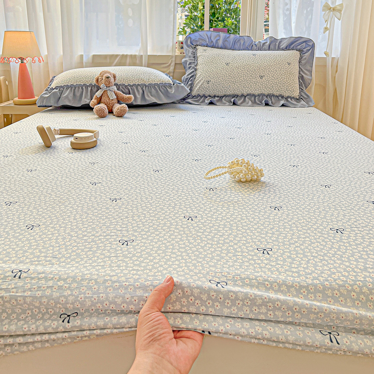 91家纺网 家纺一手货源 找家纺 富米莱单品馆 2026新款古法水洗仿棉床笠席梦思床罩杀床垫防滑罩床套罩床笠三件套 小花蓝