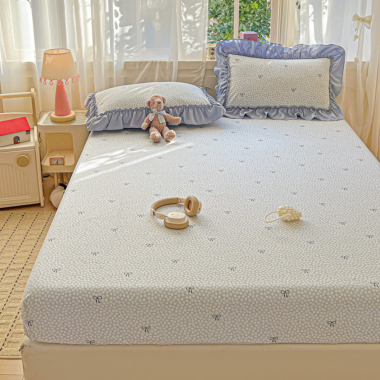 91家纺网 家纺一手货源 找家纺 富米莱单品馆 2026新款古法水洗仿棉床笠席梦思床罩杀床垫防滑罩床套罩床笠三件套 小花蓝