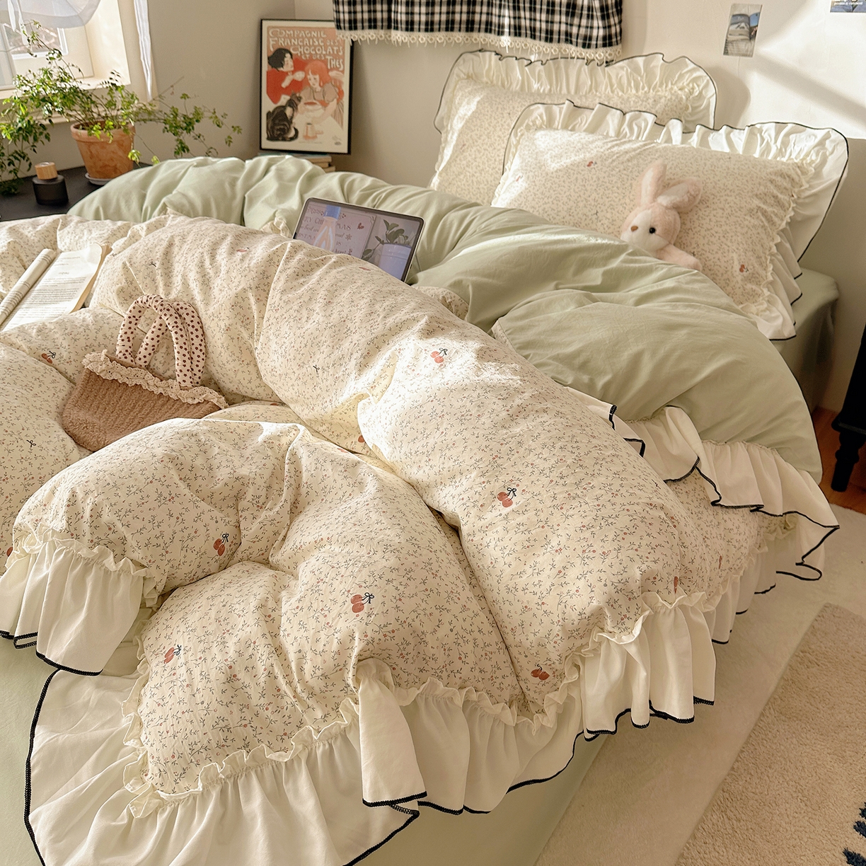 91家纺网 家纺一手货源 找家纺 沐芷 2026 【提供买家秀】公主风法式花边四件套A类古法水洗仿棉床上用品被套 花边梦境-樱桃故事