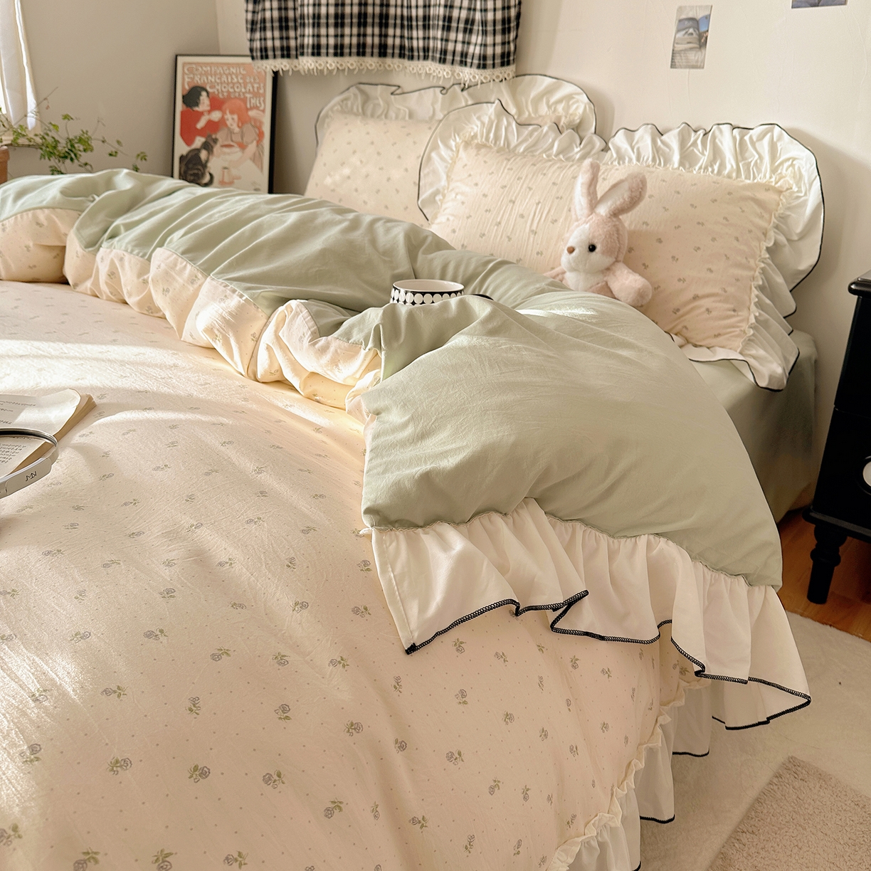 91家纺网 家纺一手货源 找家纺 沐芷 2026 【提供买家秀】公主风法式花边四件套A类古法水洗仿棉床上用品被套 花边梦境-初晴