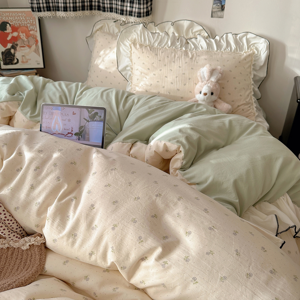 91家纺网 家纺一手货源 找家纺 沐芷 2026 【提供买家秀】公主风法式花边四件套A类古法水洗仿棉床上用品被套 花边梦境-初晴