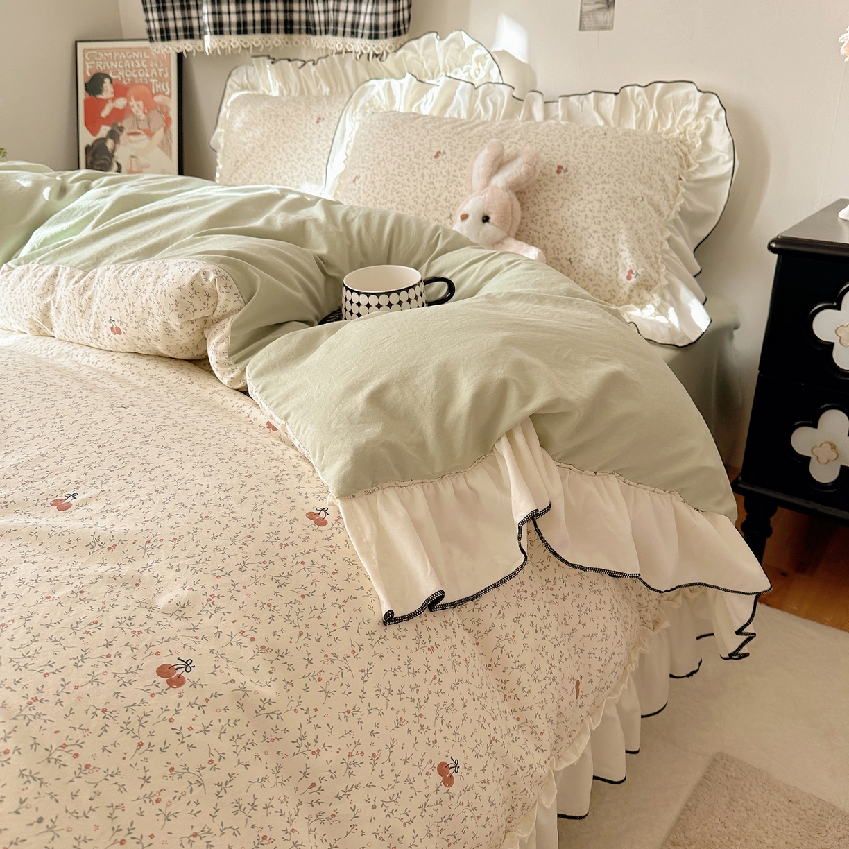 91家纺网 家纺一手货源 找家纺 沐芷 2026 【提供买家秀】公主风法式花边四件套A类古法水洗仿棉床上用品被套 花边梦境-樱桃故事