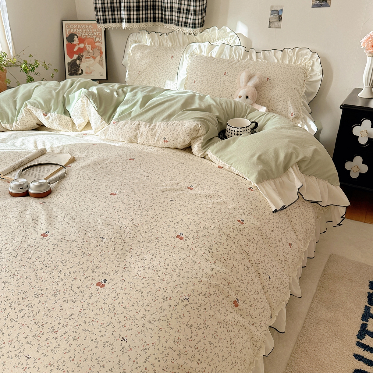 91家纺网 家纺一手货源 找家纺 沐芷 2026 【提供买家秀】公主风法式花边四件套A类古法水洗仿棉床上用品被套 花边梦境-樱桃故事