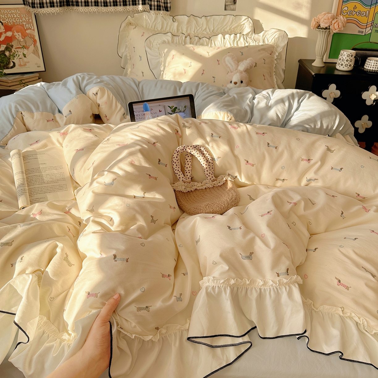 91家纺网 家纺一手货源 找家纺 （总）沐芷 2026 【提供买家秀】公主风法式花边四件套A类古法水洗仿棉床上用品被套