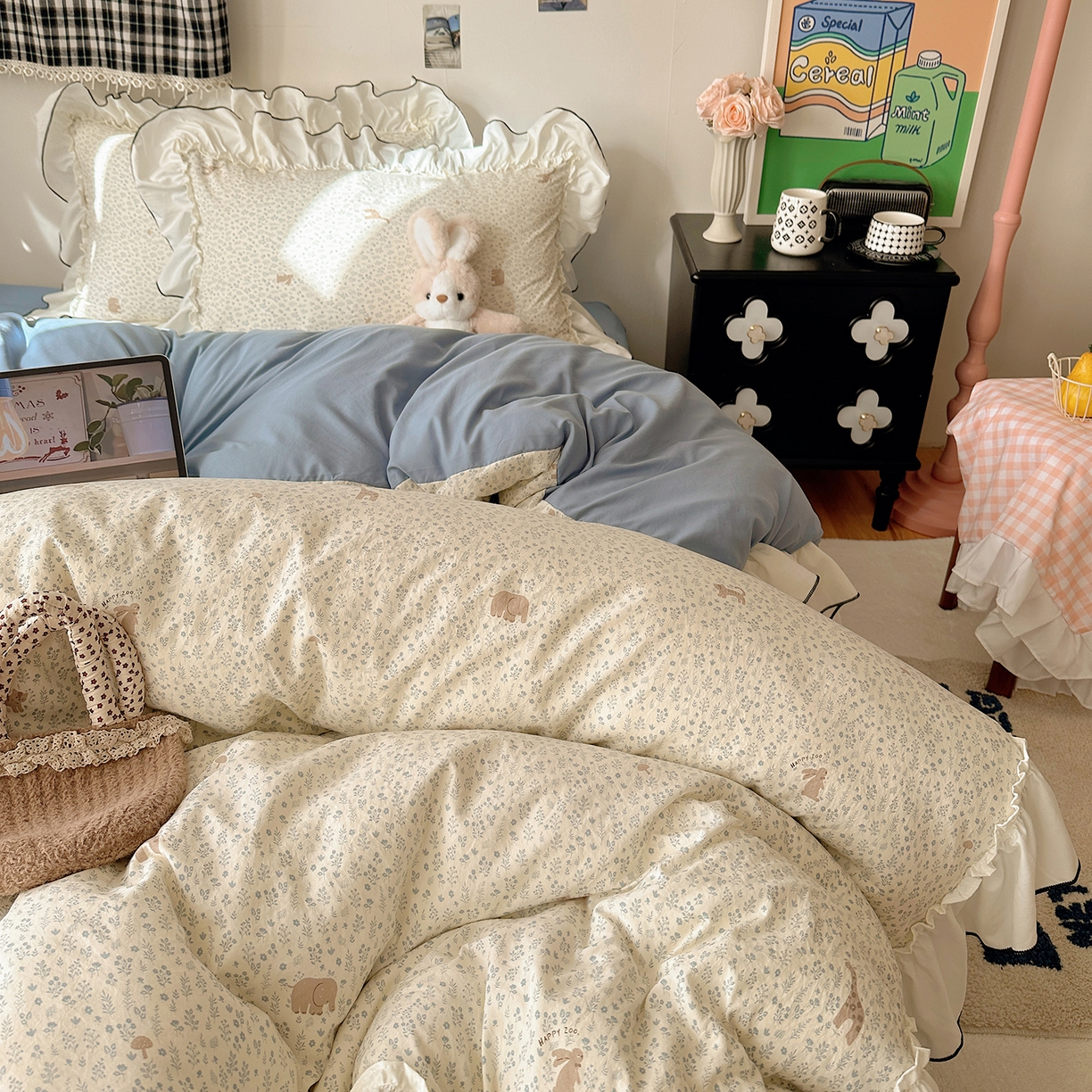 91家纺网 家纺一手货源 找家纺 沐芷 2026 【提供买家秀】公主风法式花边四件套A类古法水洗仿棉床上用品被套 花边梦境-草原奇遇记