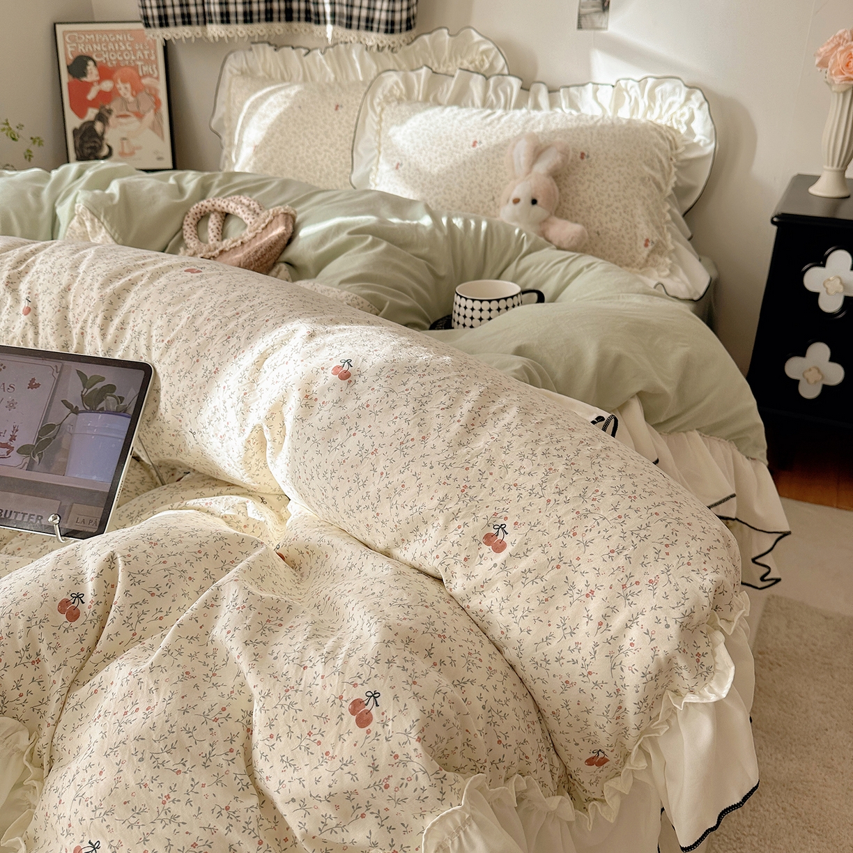 91家纺网 家纺一手货源 找家纺 沐芷 2026 【提供买家秀】公主风法式花边四件套A类古法水洗仿棉床上用品被套 花边梦境-樱桃故事