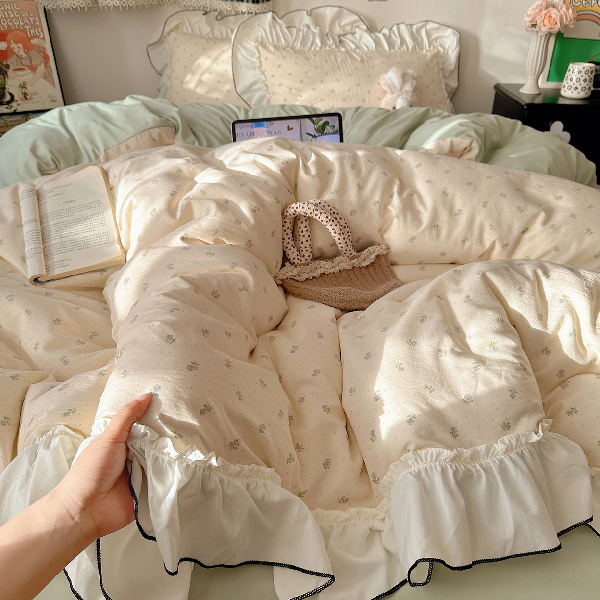 沐芷 2026 【提供买家秀】公主风法式花边四件套A类古法水洗仿棉床上用品被套 花边梦境-初晴