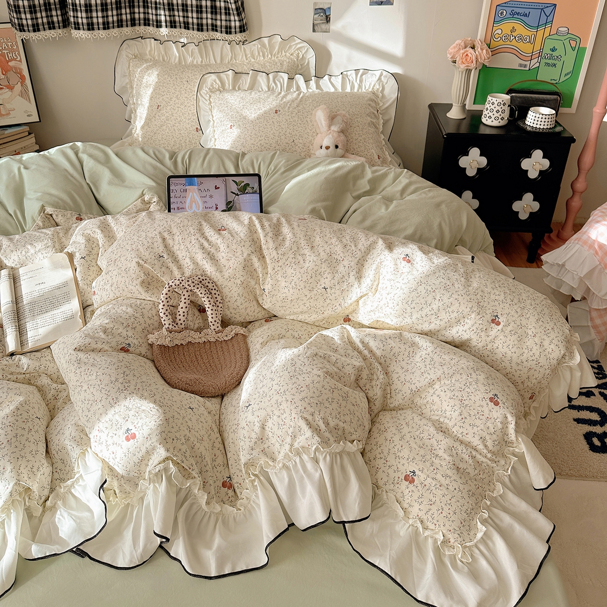 91家纺网 家纺一手货源 找家纺 沐芷 2026 【提供买家秀】公主风法式花边四件套A类古法水洗仿棉床上用品被套 花边梦境-樱桃故事