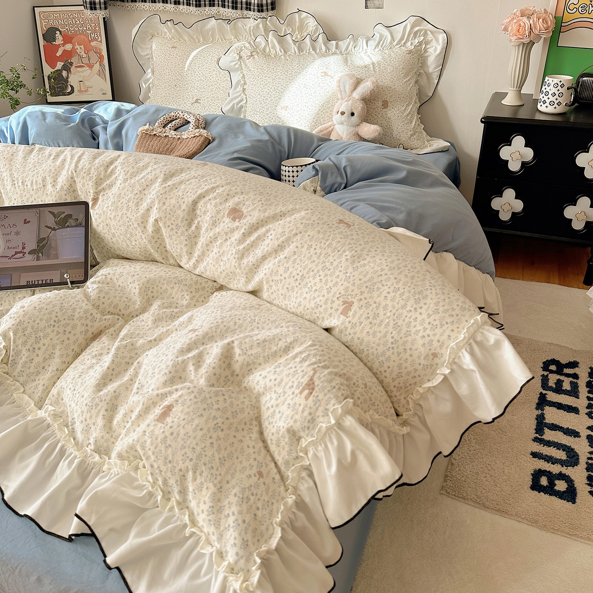 91家纺网 家纺一手货源 找家纺 沐芷 2026 【提供买家秀】公主风法式花边四件套A类古法水洗仿棉床上用品被套 花边梦境-草原奇遇记