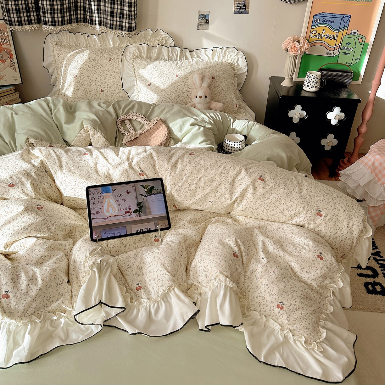 91家纺网 家纺一手货源 找家纺 沐芷 2026 【提供买家秀】公主风法式花边四件套A类古法水洗仿棉床上用品被套 花边梦境-樱桃故事