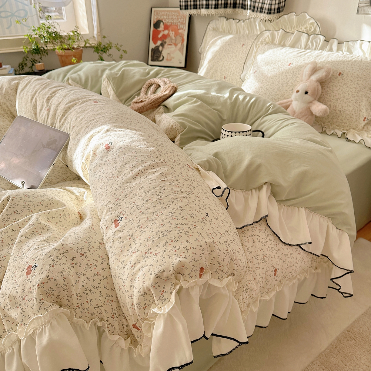 91家纺网 家纺一手货源 找家纺 沐芷 2026 【提供买家秀】公主风法式花边四件套A类古法水洗仿棉床上用品被套 花边梦境-樱桃故事