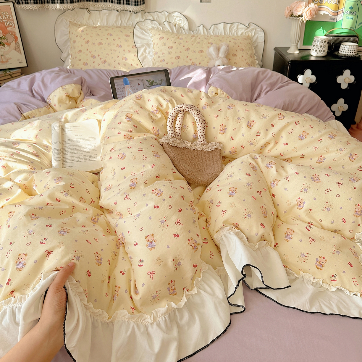 91家纺网 家纺一手货源 找家纺 （总）沐芷 2026 【提供买家秀】公主风法式花边四件套A类古法水洗仿棉床上用品被套