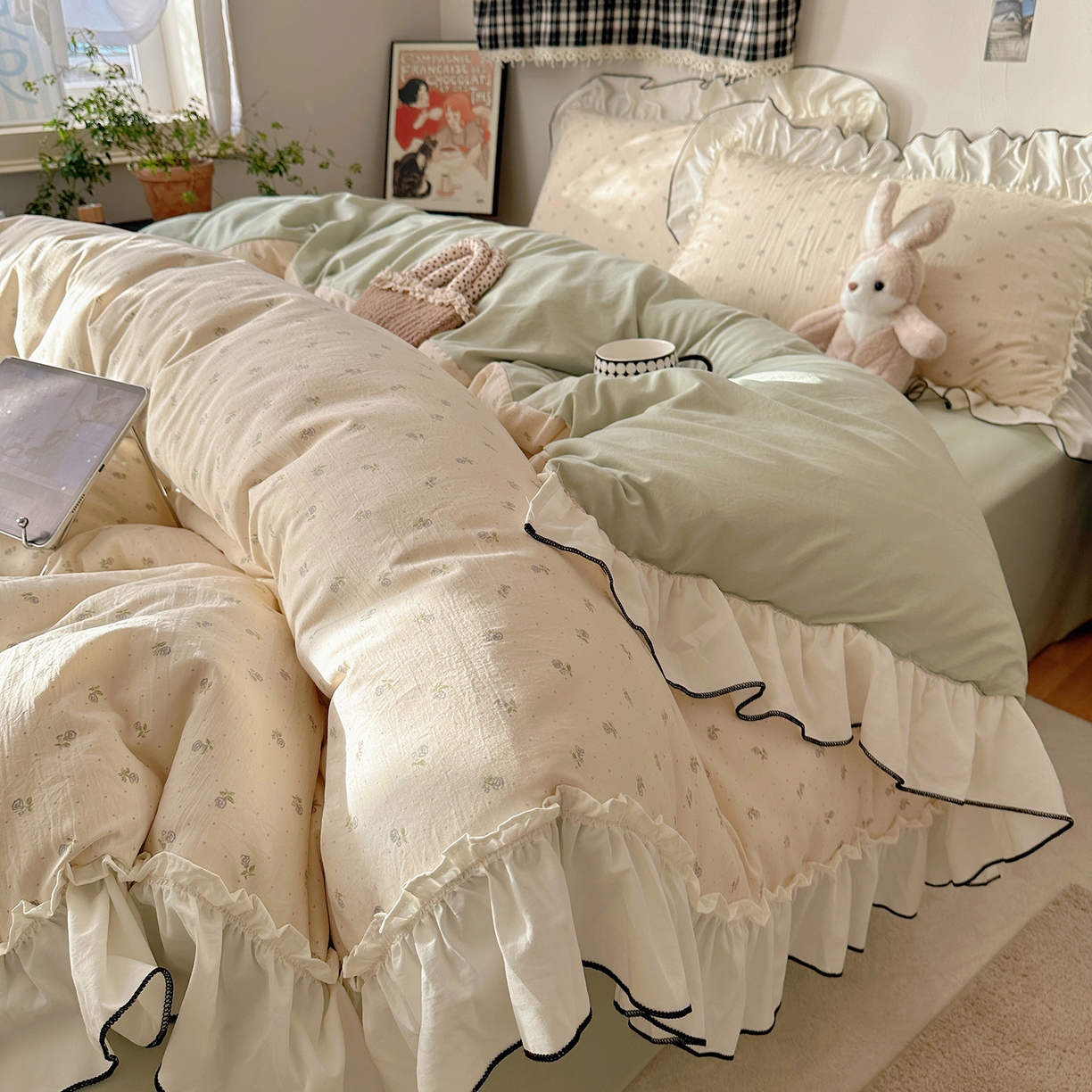 91家纺网 家纺一手货源 找家纺 沐芷 2026 【提供买家秀】公主风法式花边四件套A类古法水洗仿棉床上用品被套 花边梦境-初晴