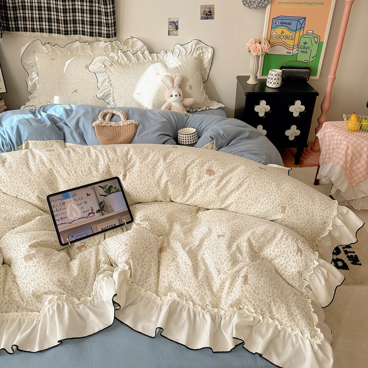 91家纺网 家纺一手货源 找家纺 沐芷 2026 【提供买家秀】公主风法式花边四件套A类古法水洗仿棉床上用品被套 花边梦境-草原奇遇记