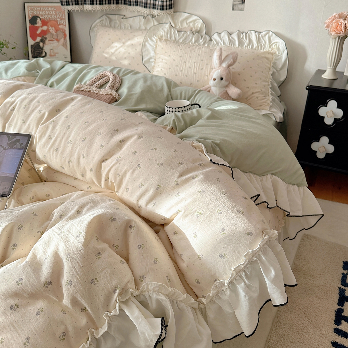 91家纺网 家纺一手货源 找家纺 沐芷 2026 【提供买家秀】公主风法式花边四件套A类古法水洗仿棉床上用品被套 花边梦境-初晴