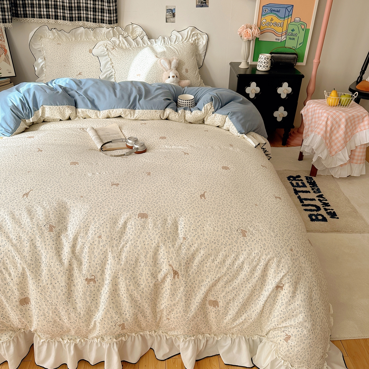 91家纺网 家纺一手货源 找家纺 沐芷 2026 【提供买家秀】公主风法式花边四件套A类古法水洗仿棉床上用品被套 花边梦境-草原奇遇记