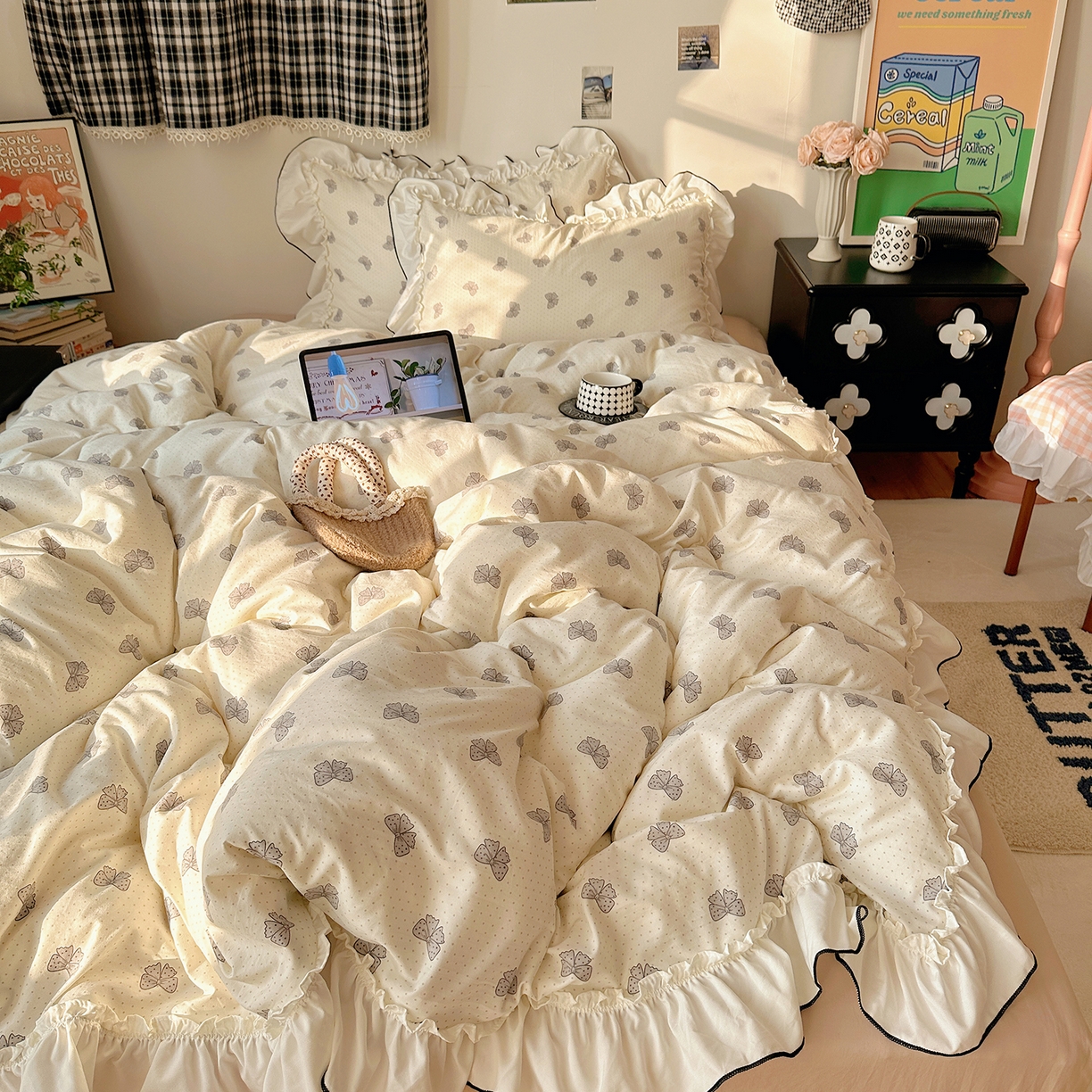 91家纺网 家纺一手货源 找家纺 （总）沐芷 2026 【提供买家秀】公主风法式花边四件套A类古法水洗仿棉床上用品被套