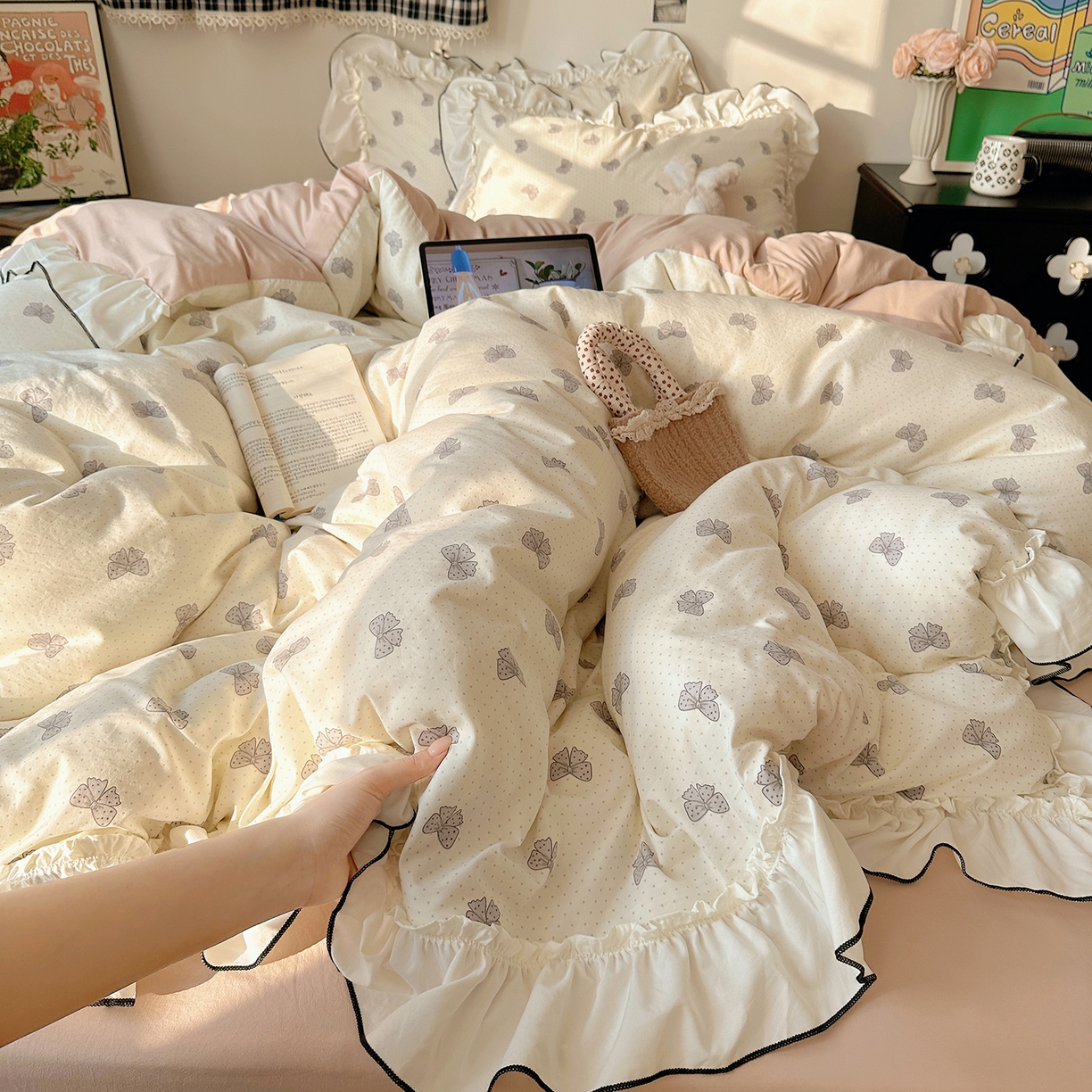 91家纺网 家纺一手货源 找家纺 （总）沐芷 2026 【提供买家秀】公主风法式花边四件套A类古法水洗仿棉床上用品被套