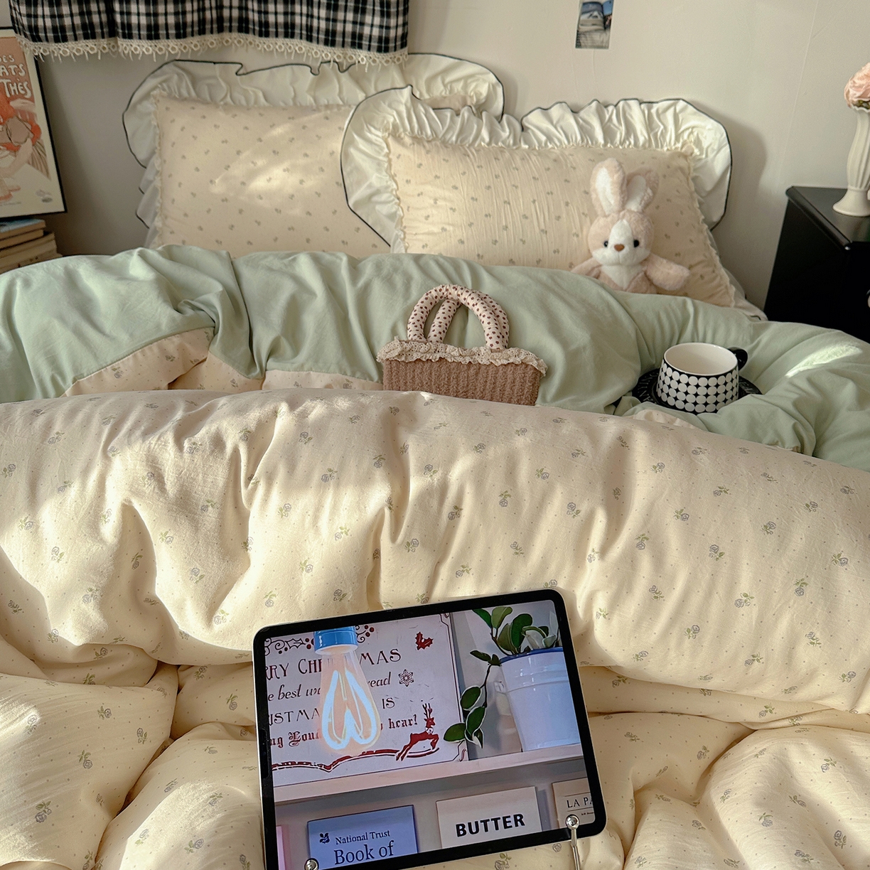 91家纺网 家纺一手货源 找家纺 沐芷 2026 【提供买家秀】公主风法式花边四件套A类古法水洗仿棉床上用品被套 花边梦境-初晴