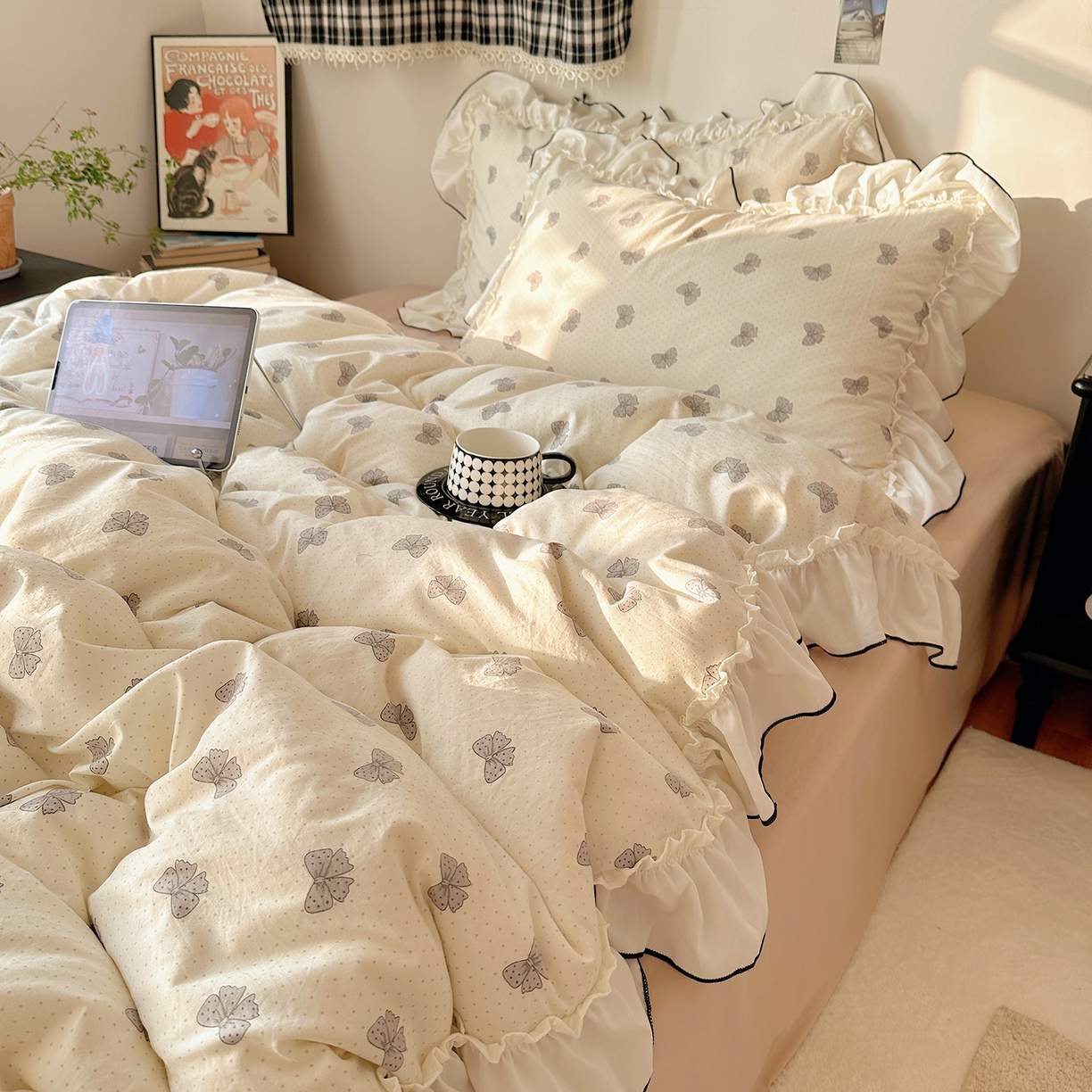 91家纺网 家纺一手货源 找家纺 （总）沐芷 2026 【提供买家秀】公主风法式花边四件套A类古法水洗仿棉床上用品被套