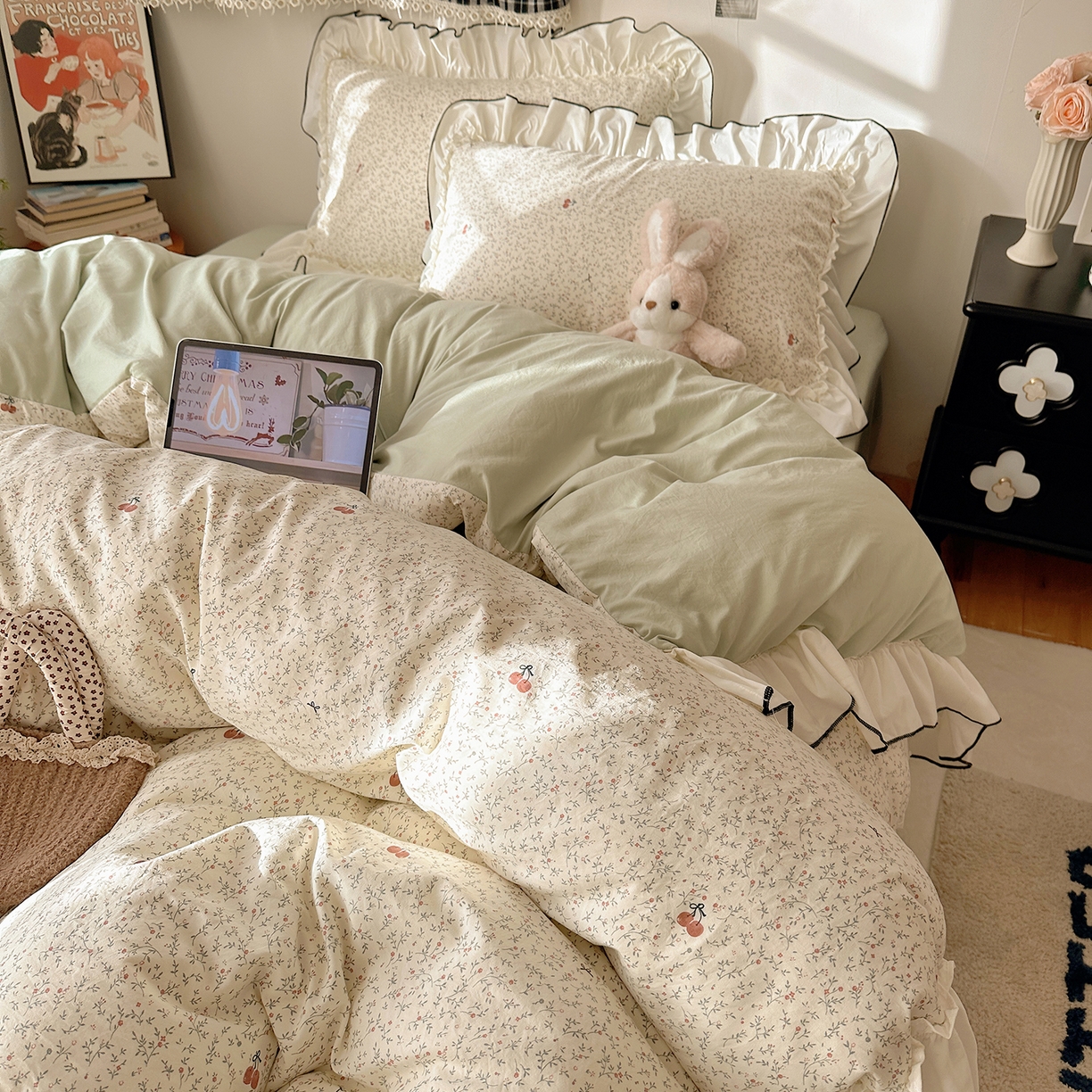 91家纺网 家纺一手货源 找家纺 沐芷 2026 【提供买家秀】公主风法式花边四件套A类古法水洗仿棉床上用品被套 花边梦境-樱桃故事