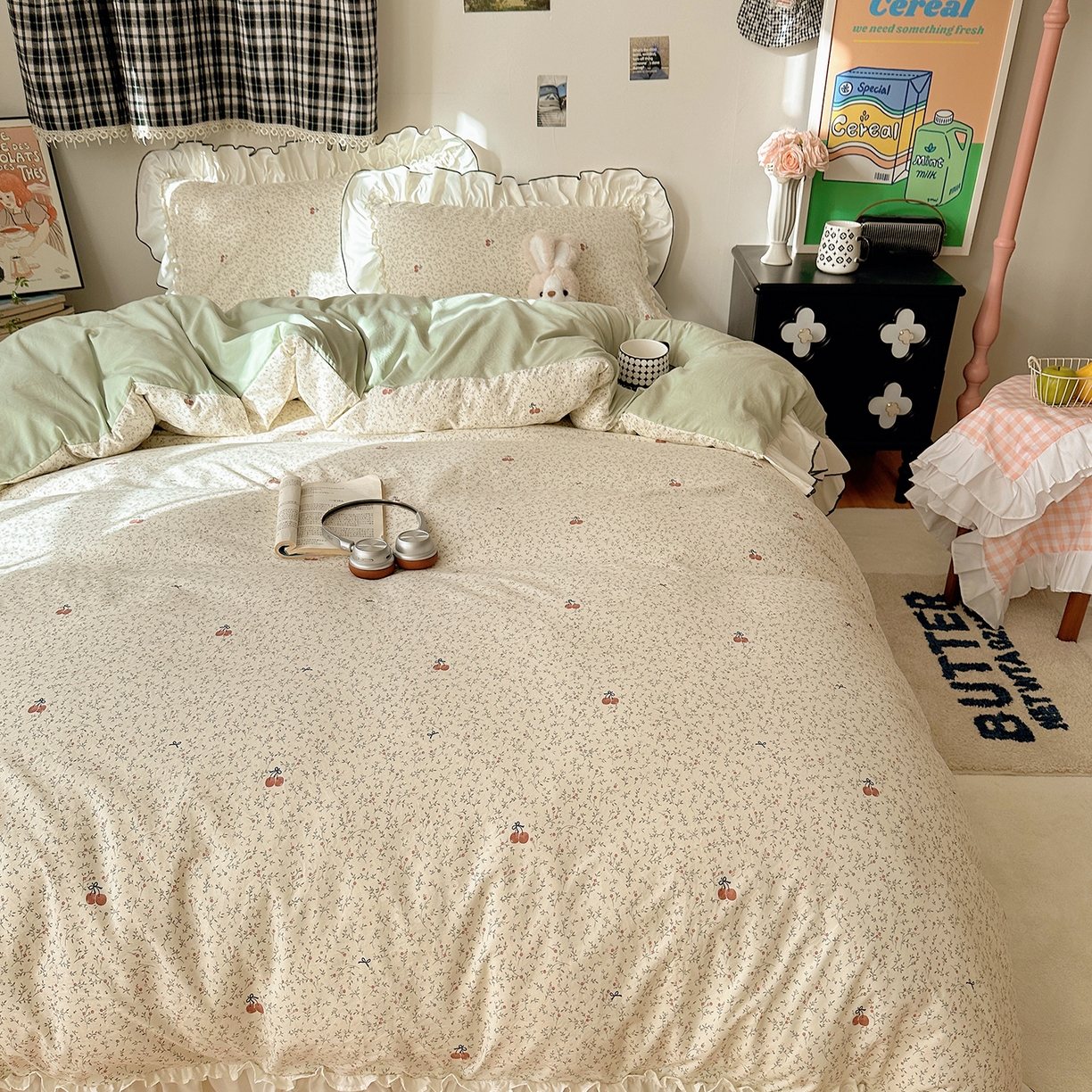 91家纺网 家纺一手货源 找家纺 沐芷 2026 【提供买家秀】公主风法式花边四件套A类古法水洗仿棉床上用品被套 花边梦境-樱桃故事