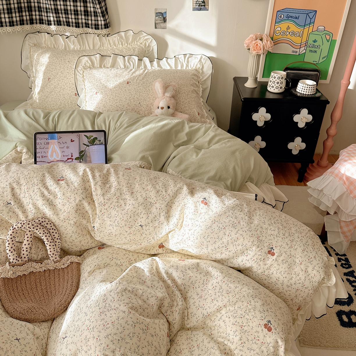 91家纺网 家纺一手货源 找家纺 沐芷 2026 【提供买家秀】公主风法式花边四件套A类古法水洗仿棉床上用品被套 花边梦境-樱桃故事