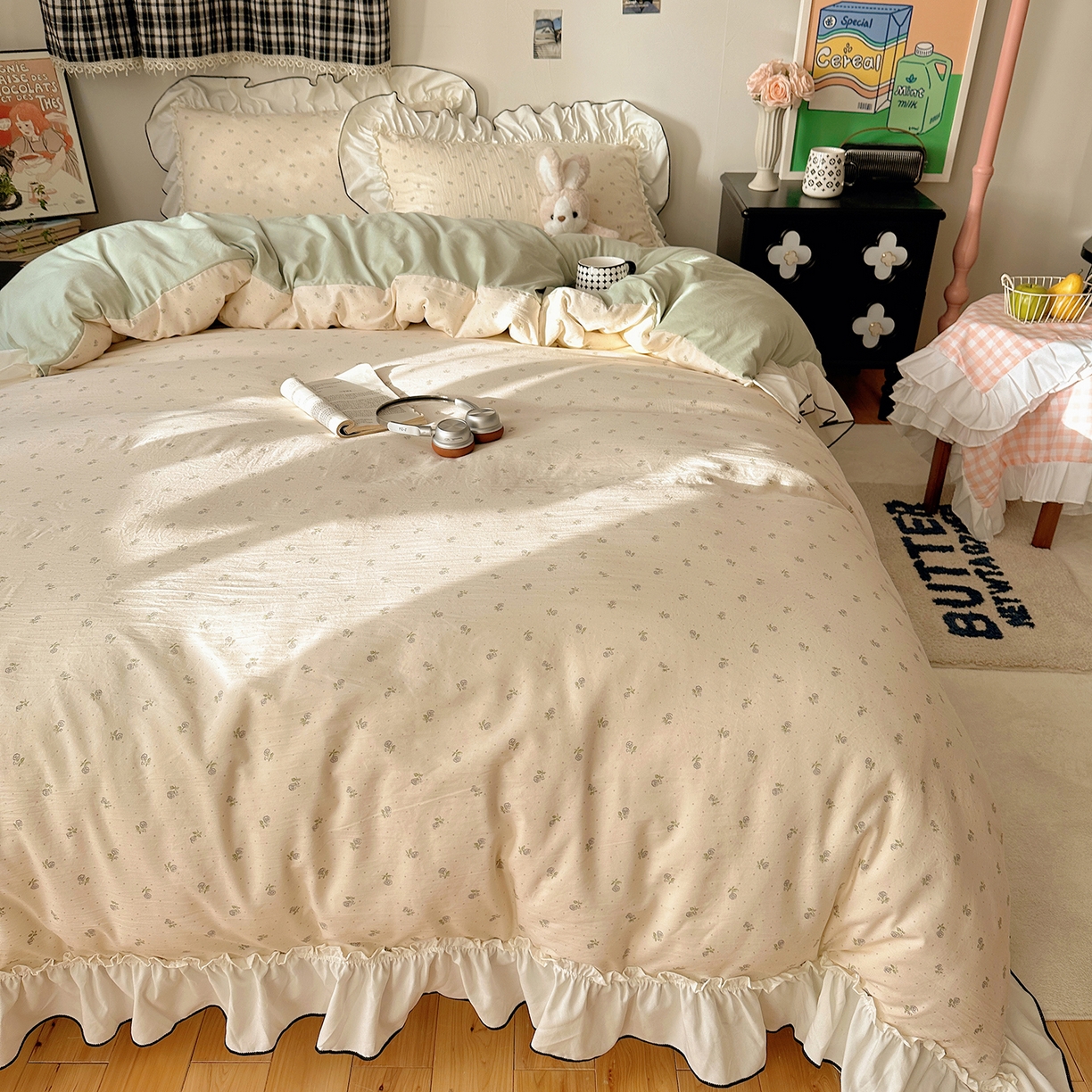 91家纺网 家纺一手货源 找家纺 沐芷 2026 【提供买家秀】公主风法式花边四件套A类古法水洗仿棉床上用品被套 花边梦境-初晴