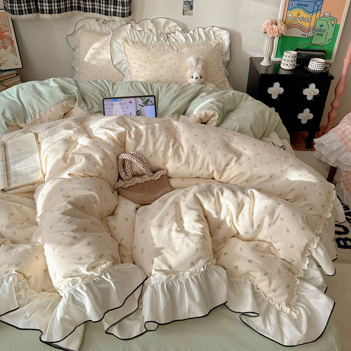 91家纺网 家纺一手货源 找家纺 沐芷 2026 【提供买家秀】公主风法式花边四件套A类古法水洗仿棉床上用品被套 花边梦境-初晴