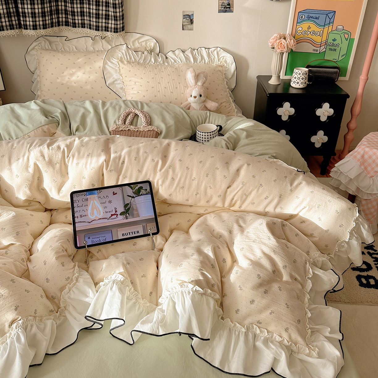 91家纺网 家纺一手货源 找家纺 沐芷 2026 【提供买家秀】公主风法式花边四件套A类古法水洗仿棉床上用品被套 花边梦境-初晴