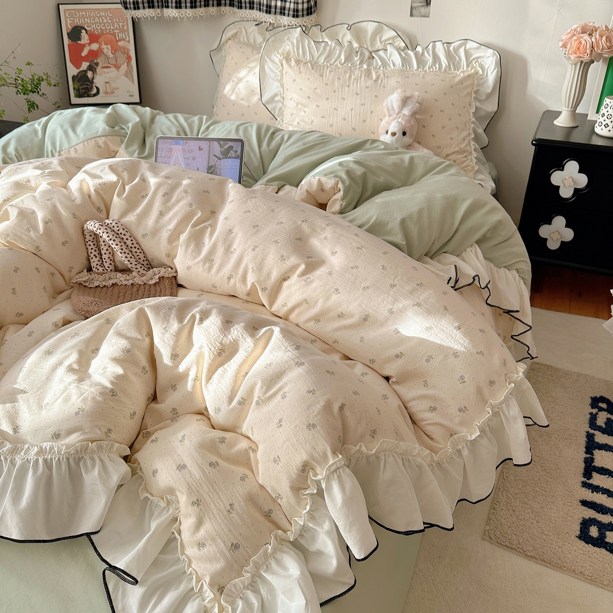 91家纺网 家纺一手货源 找家纺 沐芷 2026 【提供买家秀】公主风法式花边四件套A类古法水洗仿棉床上用品被套 花边梦境-初晴