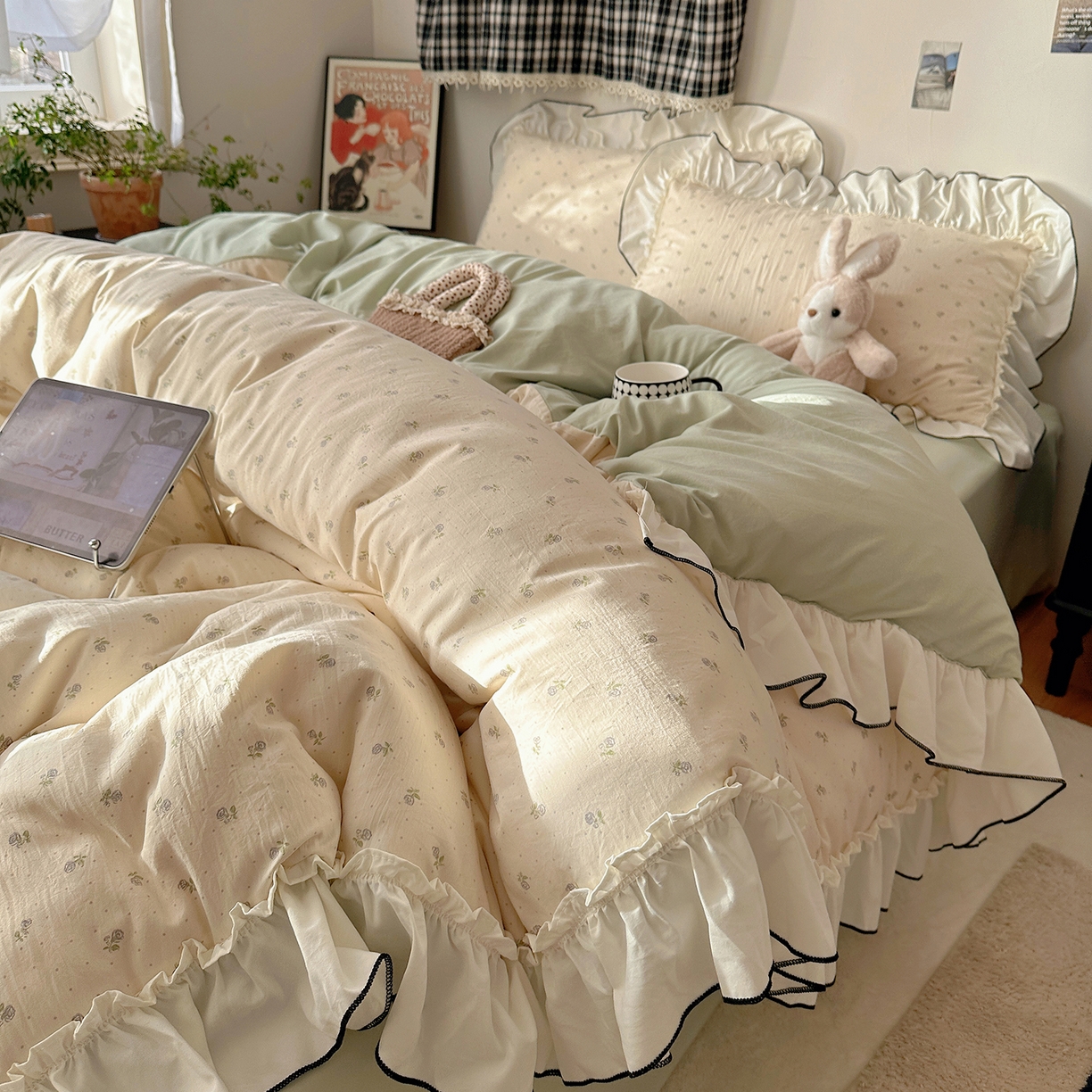 91家纺网 家纺一手货源 找家纺 沐芷 2026 【提供买家秀】公主风法式花边四件套A类古法水洗仿棉床上用品被套 花边梦境-初晴