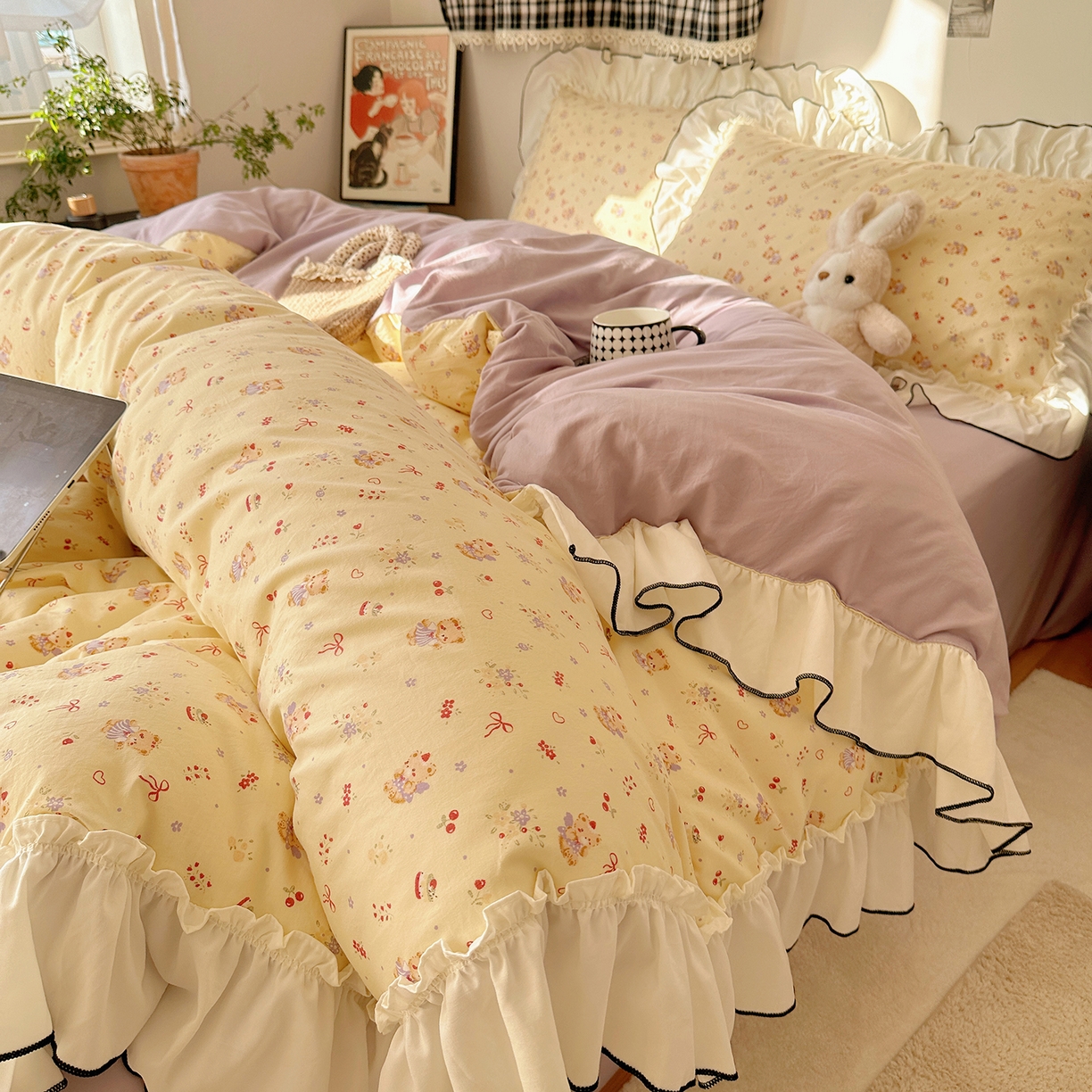 91家纺网 家纺一手货源 找家纺 沐芷 2026 【提供买家秀】公主风法式花边四件套A类古法水洗仿棉床上用品被套 花边梦境-友谊小熊