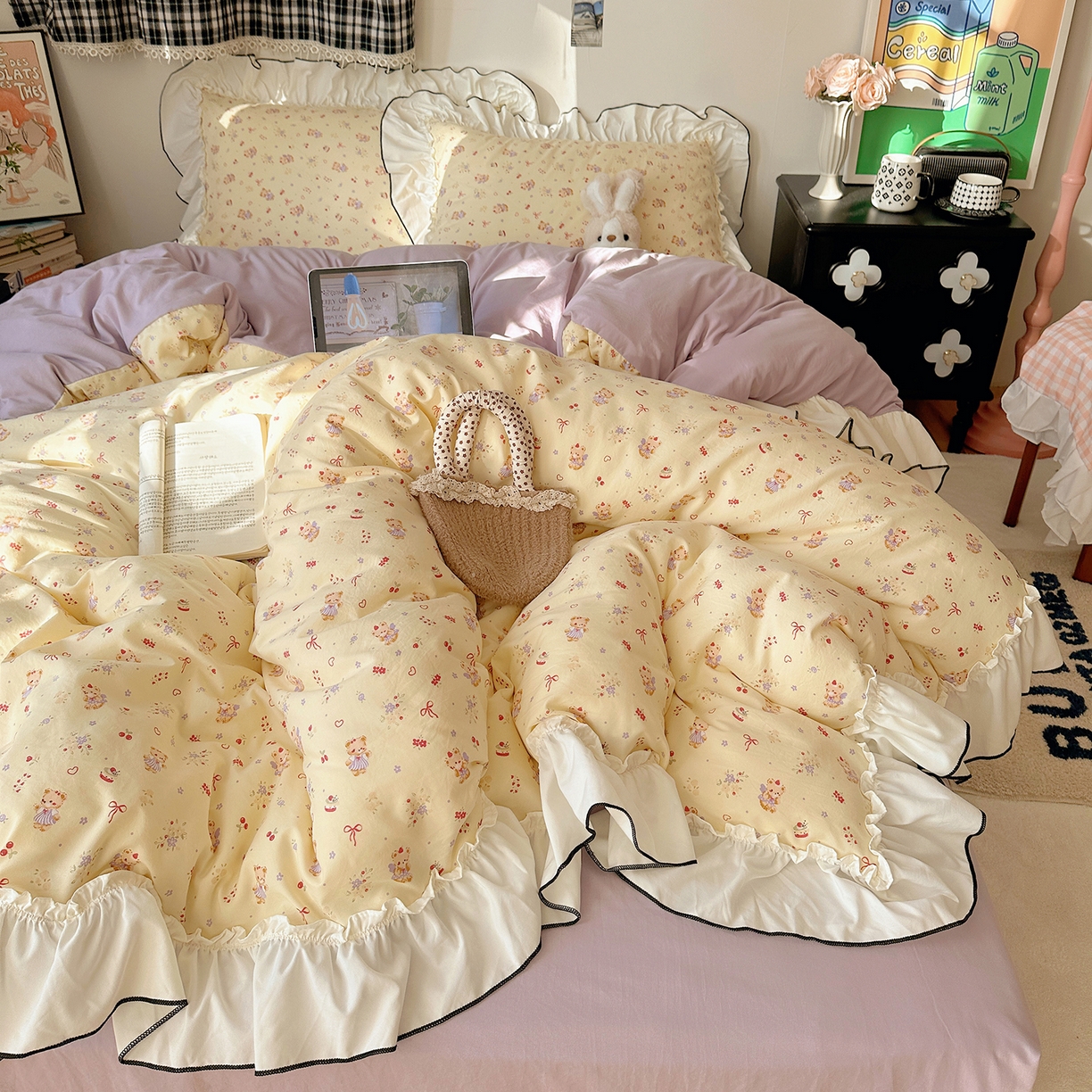 91家纺网 家纺一手货源 找家纺 沐芷 2026 【提供买家秀】公主风法式花边四件套A类古法水洗仿棉床上用品被套 花边梦境-友谊小熊