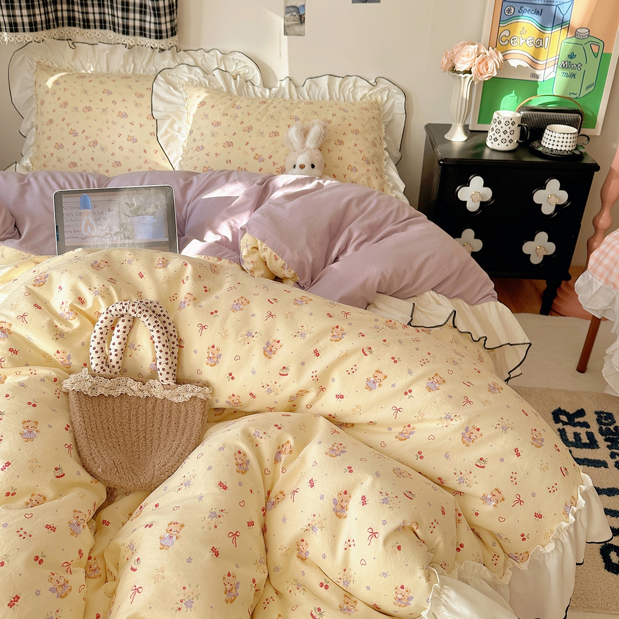 91家纺网 家纺一手货源 找家纺 沐芷 2026 【提供买家秀】公主风法式花边四件套A类古法水洗仿棉床上用品被套 花边梦境-友谊小熊