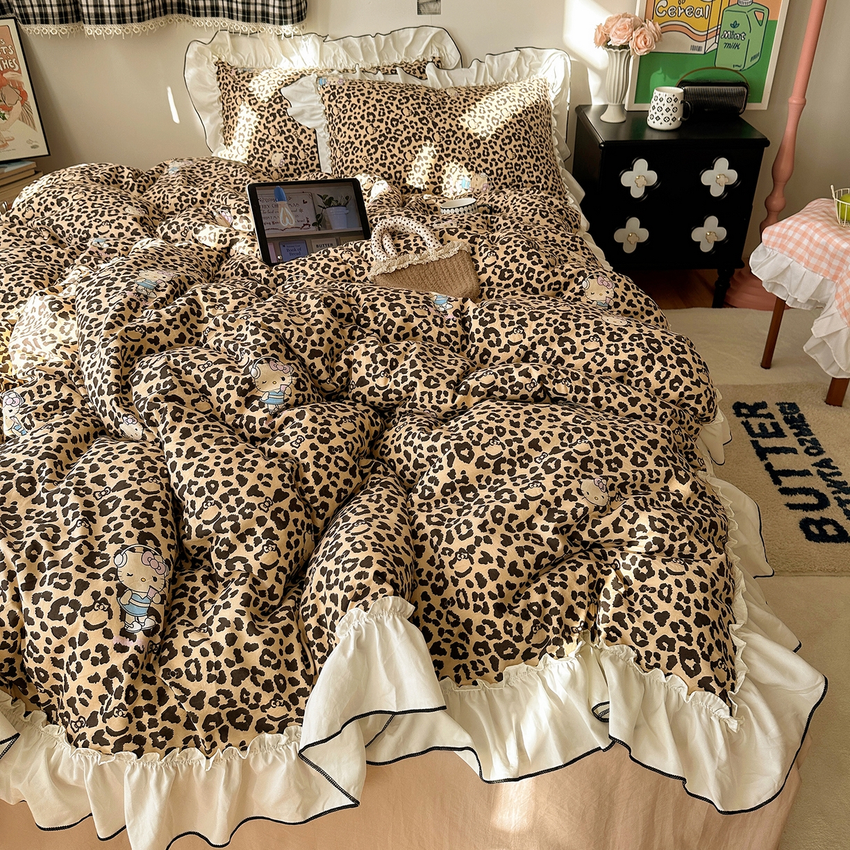 91家纺网 家纺一手货源 找家纺 沐芷 2026 【提供买家秀】公主风法式花边四件套A类古法水洗仿棉床上用品被套 花边梦境-豹纹喵喵