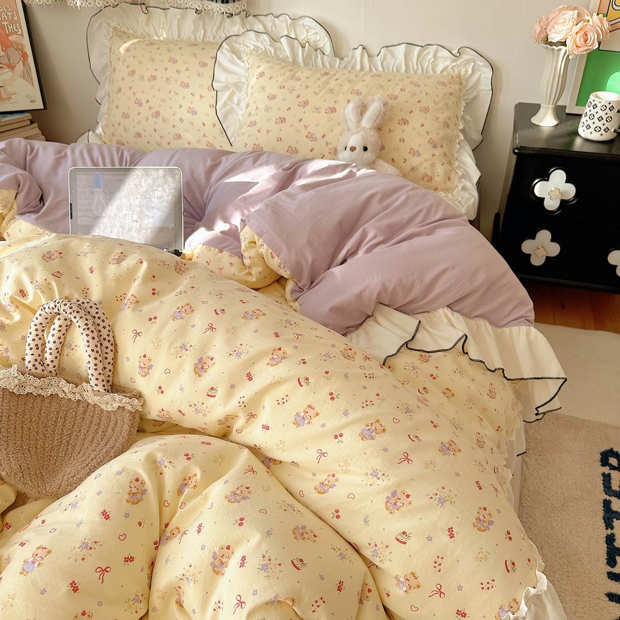 91家纺网 家纺一手货源 找家纺 沐芷 2026 【提供买家秀】公主风法式花边四件套A类古法水洗仿棉床上用品被套 花边梦境-友谊小熊