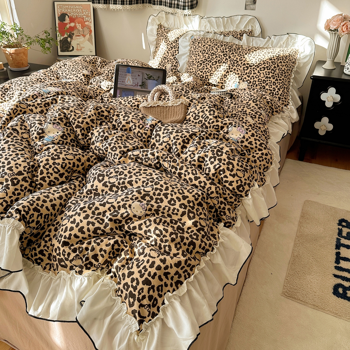 91家纺网 家纺一手货源 找家纺 沐芷 2026 【提供买家秀】公主风法式花边四件套A类古法水洗仿棉床上用品被套 花边梦境-豹纹喵喵