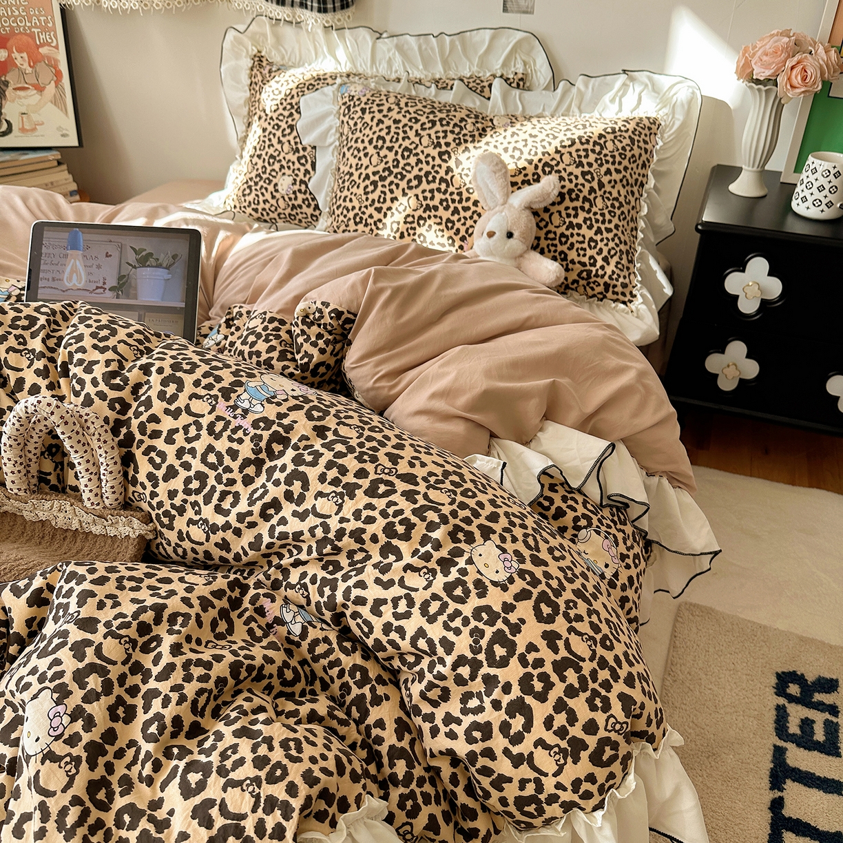 91家纺网 家纺一手货源 找家纺 沐芷 2026 【提供买家秀】公主风法式花边四件套A类古法水洗仿棉床上用品被套 花边梦境-豹纹喵喵