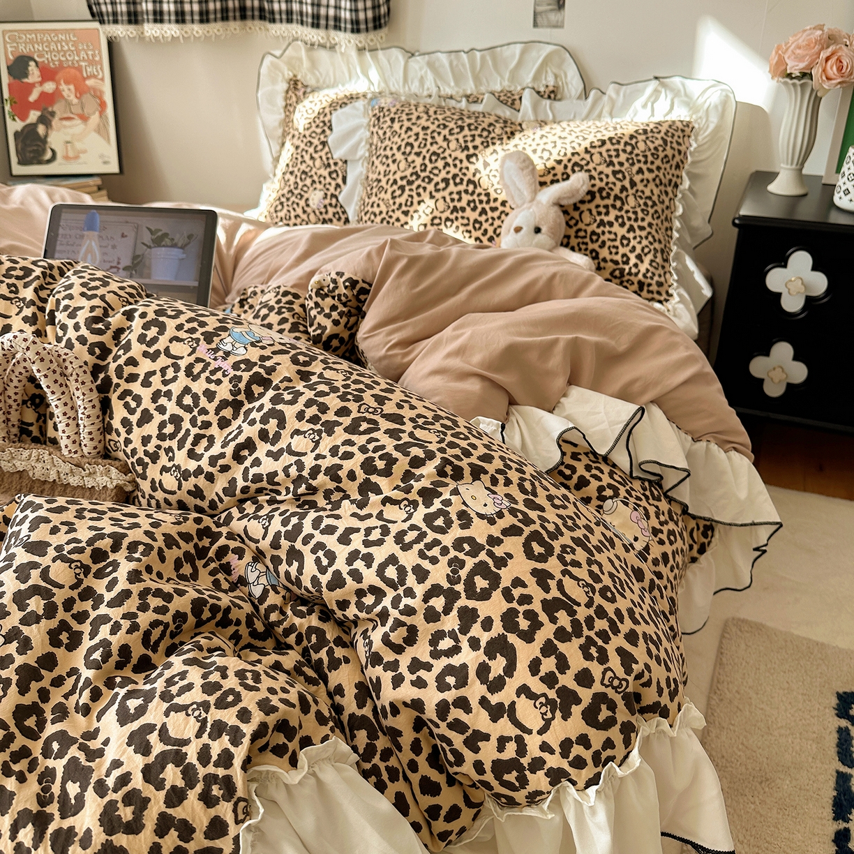 91家纺网 家纺一手货源 找家纺 沐芷 2026 【提供买家秀】公主风法式花边四件套A类古法水洗仿棉床上用品被套 花边梦境-豹纹喵喵