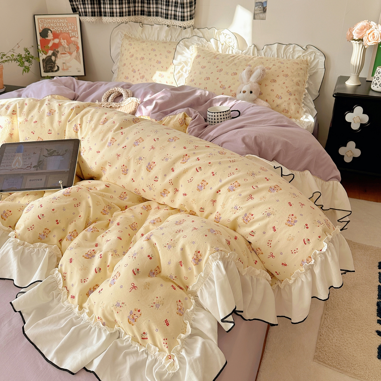 91家纺网 家纺一手货源 找家纺 沐芷 2026 【提供买家秀】公主风法式花边四件套A类古法水洗仿棉床上用品被套 花边梦境-友谊小熊