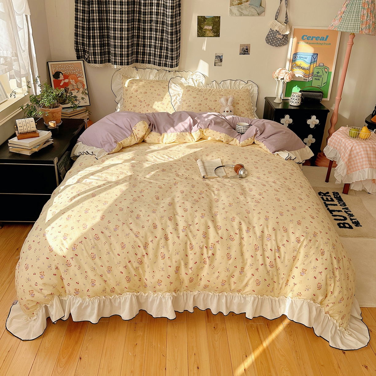 91家纺网 家纺一手货源 找家纺 沐芷 2026 【提供买家秀】公主风法式花边四件套A类古法水洗仿棉床上用品被套 花边梦境-友谊小熊