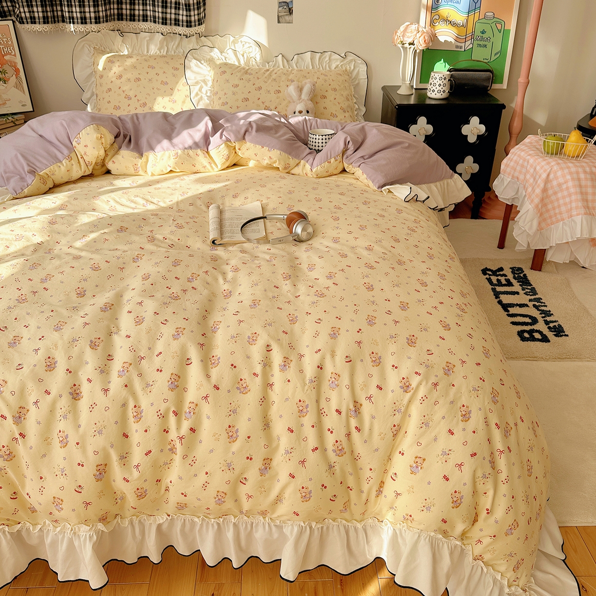 91家纺网 家纺一手货源 找家纺 沐芷 2026 【提供买家秀】公主风法式花边四件套A类古法水洗仿棉床上用品被套 花边梦境-友谊小熊